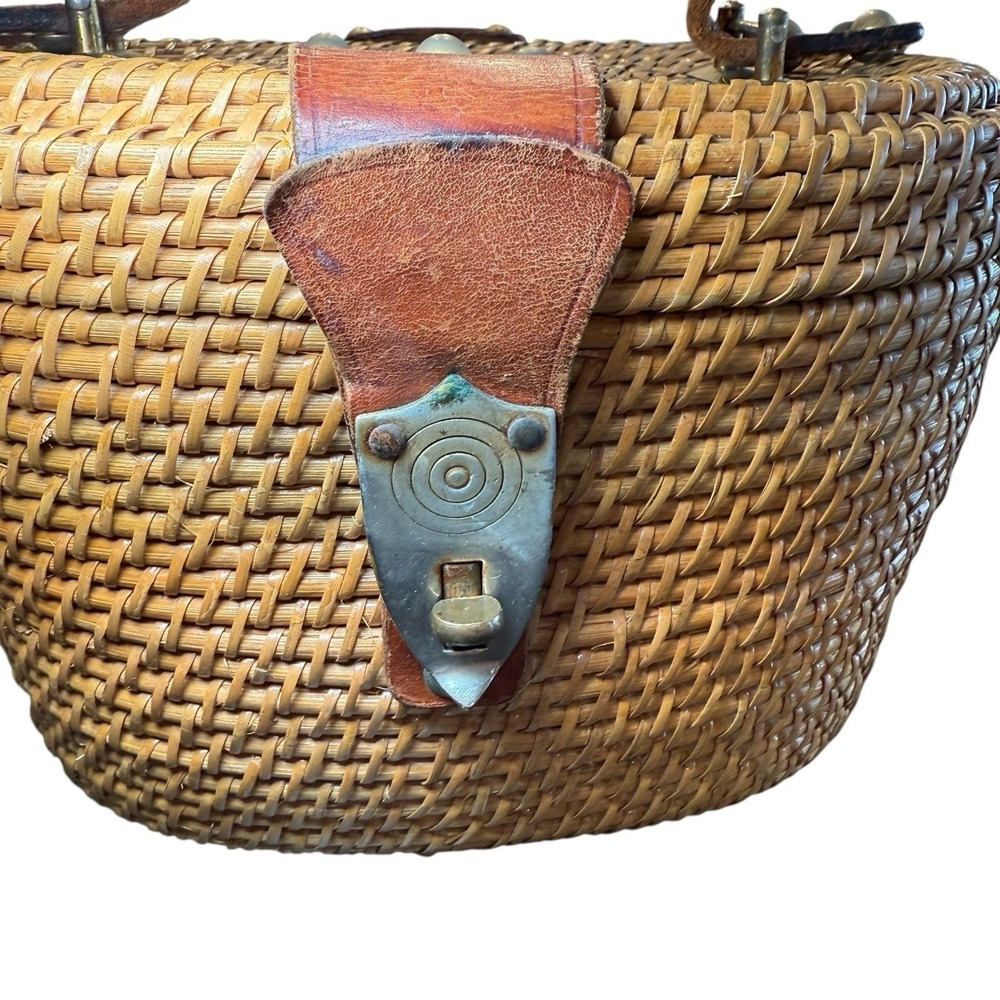 Vintage 1960's Etienne Aigner Wicker Rattan Basket Satchel Creel Purse Hand Bag - Picture 2 of 13